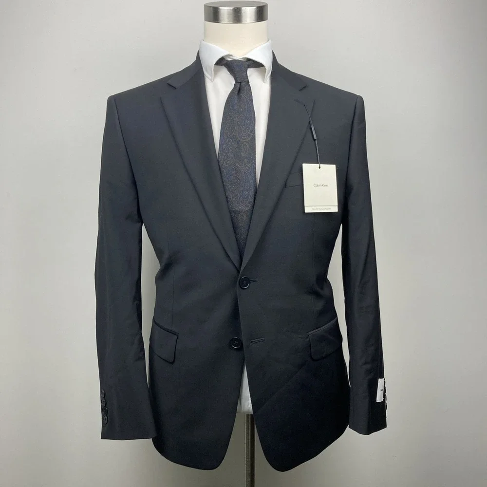 Calvin Klein Mens Slim-fit Suit Jacket Blazer 44S Black Solid Wool Blend